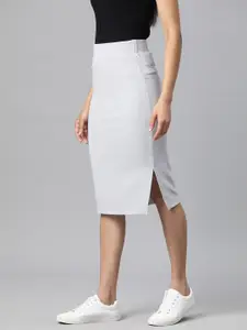 Popnetic Grey Solid Side Slit Pencil Skirt