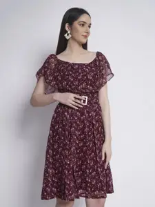 DressBerry Purple Floral Printed Georgette Fit & Flare Dress With Belt