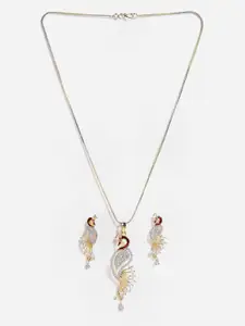 Aazeen Gold-Plated CZ-Studded Peacock Shaped Pendant with Chain & Earrings