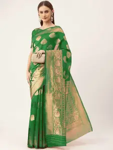 HERE&NOW Green & Gold-Toned Floral Woven Design Zari Banarasi Saree