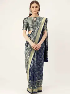 HERE&NOW Blue & Gold-Toned Ethnic Woven Design Zari Banarasi Saree