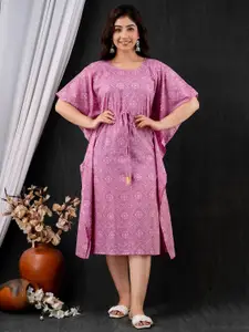 Mialo fashion Floral Bandhani Printed Gathered & Tie-Up Detail Midi Kaftan Dress