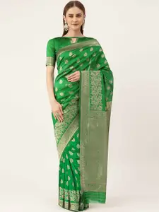 HERE&NOW Green & Gold-Toned Ethnic Woven Design Zari Banarasi Saree