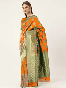 HERE&NOW Orange & Gold-Toned Ethnic Woven Design Zari Banarasi Saree