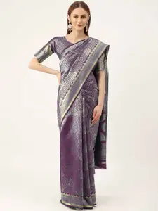 HERE&NOW Purple & Gold-Toned Ethnic Woven Design Zari Banarasi Saree