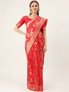 HERE&NOW Red & Blue Floral Woven Design Zari Kanjeevaram Saree