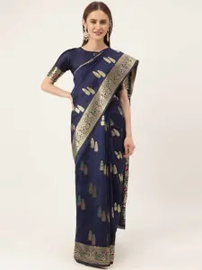 HERE&NOW Navy Blue & Gold-Toned Ethnic Woven Design Zari Kanjeevaram Saree