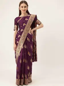 HERE&NOW Purple & Blue Ethnic Woven Design Zari Kanjeevaram Saree