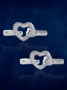 Taraash Set of 2 925 Sterling Silver Rhodium-Plated CZ Heart Shaped Adjustable Toe Rings