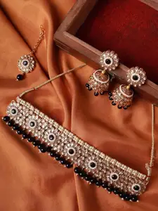 Anouk White & Black Gold-Plated Studded Choker Necklace with Earrings & Maang Tika