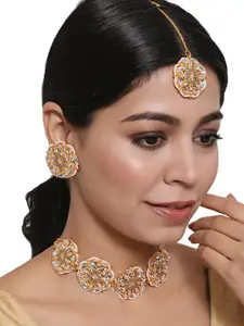 Anouk Gold-Plated Kundan Studded Floral Shaped Choker Necklace with Earrings & Maang Tika