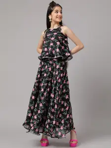 Inddus Girls Black Floral Printed Ready to Wear Lehenga & Choli