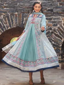 Juniper Ethnic Motifs Printed V-Neck Cotton Maxi Ethnic Dress With Dupatta