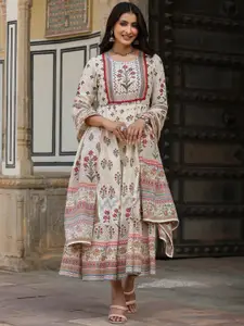 Juniper Beige & Red Floral Printed Cotton Ethnic Dress With Dupatta