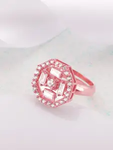 GIVA GIVA Rose Gold-Plated CZ-Studded Octagon Shaped Sterling Silver Finger Ring