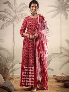 SCAKHI Printed Ethnic Dress With Dupatta & Belt