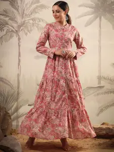 SCAKHI  Floral Printed Cotton Fit & Flared Tiered Ethnic Dress