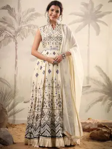SCAKHI Printed Anarkali Gown With Belt & Dupatta