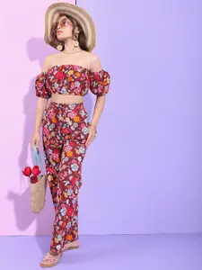 Tokyo Talkies Maroon & Blue Floral Printed Pure Cotton Off-Shoulder Top With Trouser
