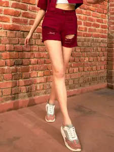 SASSAFRAS Women Maroon Heavy Distress Denim Shorts