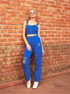 SASSAFRAS Blue Shoulder Straps Pure Cotton Denim Cropped Bustier Top