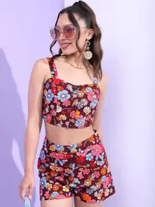 Tokyo Talkies Floral Printed Pure Cotton Strappy Top With Shorts