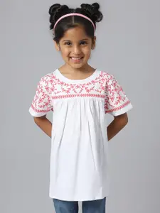 Beverly Hills Polo Club Girls Floral Embroidered Gathered Detail Pure Cotton Top