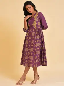 W Purple Ethnic Motifs Print Pure Cotton Fit & Flare Ethnic Midi Dress