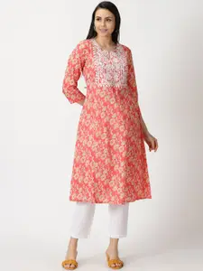 Saffron Threads Floral Printed Pure Cotton Kurta with Chikankari Embroidery