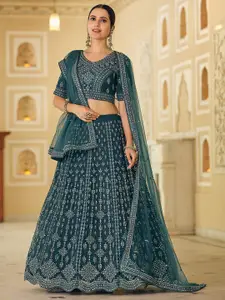 ODETTE Embroidered Mirror Work Semi-Stitched Lehenga & Unstitched Blouse With Dupatta