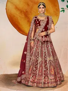 ODETTE Velvet Embroidered Semi-Stitched Lehenga & Unstitched Blouse With Dupatta