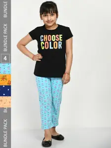 IndiWeaves Kids Girls Pack of 4 Pure Cotton Printed Lounge Pants