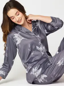 I like me Grey & White Floral Printed Satin Night Suit