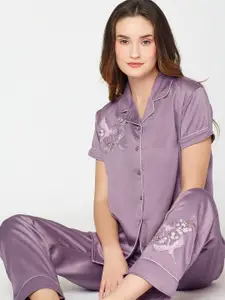 I like me Purple & Green Floral Embroidered Satin Night Suit