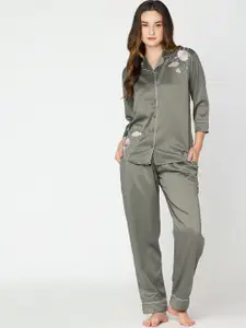 I like me Olive Green & White Floral Embroidered Satin Night Suit