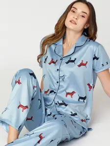 I like me Blue & Red Conversational Printed Satin Night Suit