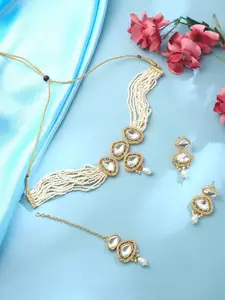Yellow Chimes Gold-Plated Kundan-Studded Necklace & Earrings Set With Maangtika