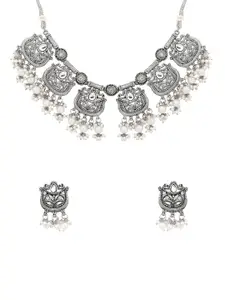 Yellow Chimes Oxidised Moti Beadded Necklace & Earrings Set