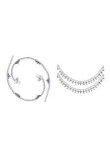 RUHI COLLECTION Set Of 2 Silver-Plated Stone Studded Anklets