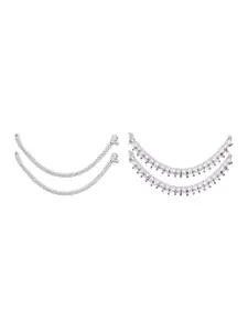 RUHI COLLECTION Set Of 2 Silver-Plated Stone Studded Anklets