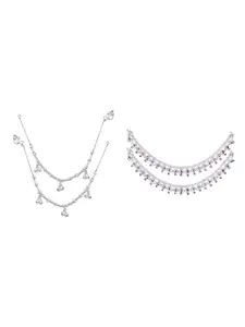 RUHI COLLECTION Set Of 2 Silver-Plated Stone Studded Anklets