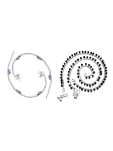RUHI COLLECTION Set Of 2 Silver-Plated Stone Studded & Beaded Anklets