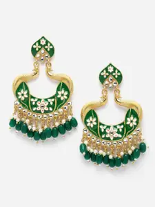 Aazeen Gold-Plated Peacock Shaped Kundan & Pearls Chandbalis Earrings