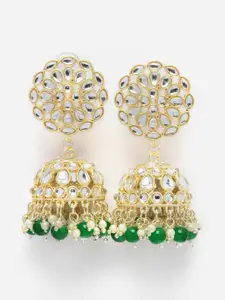 Aazeen Gold-Plated Dome Shaped Kundan And Beaded Jhumkas Earrings