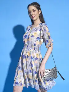 DressBerry Blue Tropical Printed Smocked Georgette Fit & Flare Dress