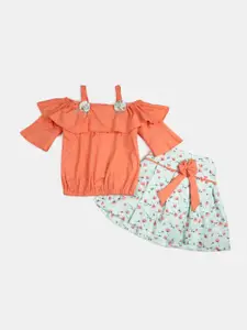 V-Mart Girls Printed Pure Cotton Top With Skirt