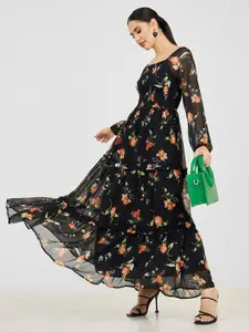 Styli Square Neck Floral Print Tiered Maxi Dress