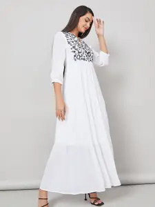 Styli Floral Embroidered Yoke Design Band Collar Puff Sleeves Pleated Tiered Maxi Dress