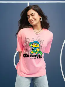 Bewakoof Pink Graphic Printed Cotton Oversized Fit T-shirt
