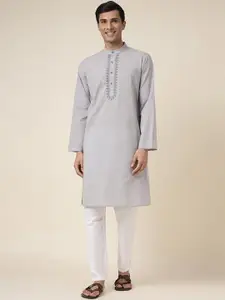 Fabindia Band Collar Thread Work Pure Cotton Kurta